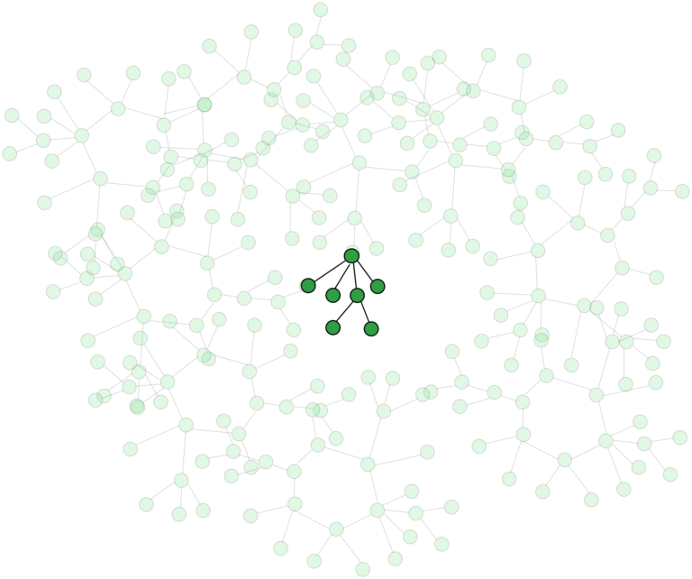 an imaging showing a network of nodes in a graph with a small Tree emphasized through less opacity